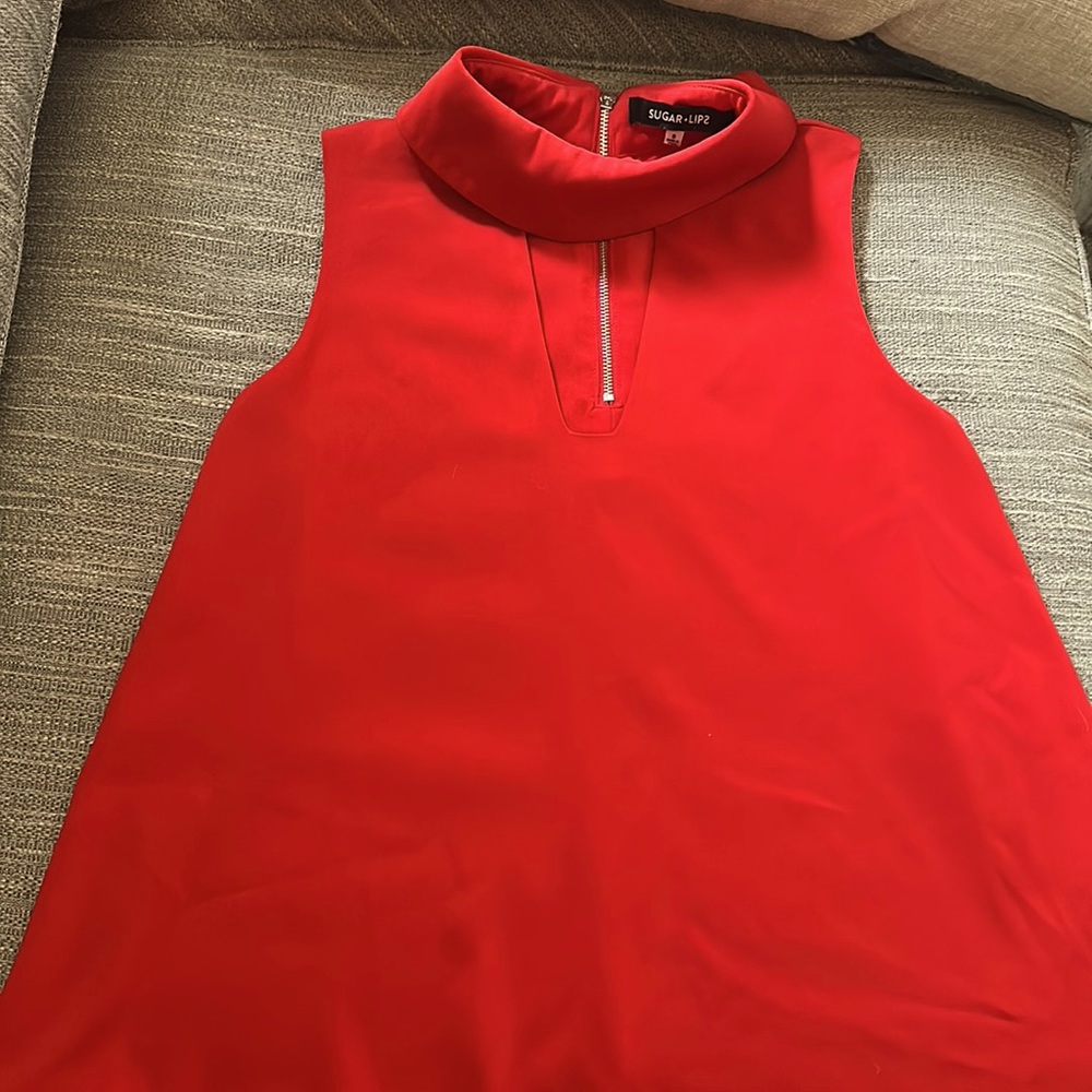 Sugar Lips A-line red rolled mock neck dressy sleeveless top